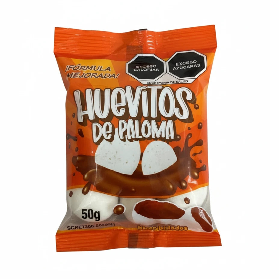 Mitoteland — Huevitos de Paloma Chocolate Confitado — A small chocolate-coated Mexican egg shaped candies.